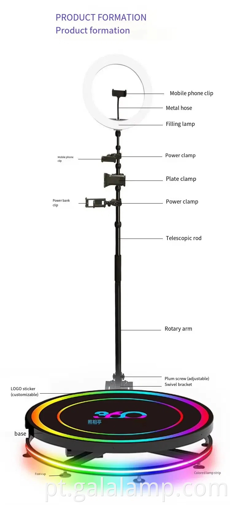 Dispositivo de câmera surround de 360 graus, rotação automática, selfies ao vivo